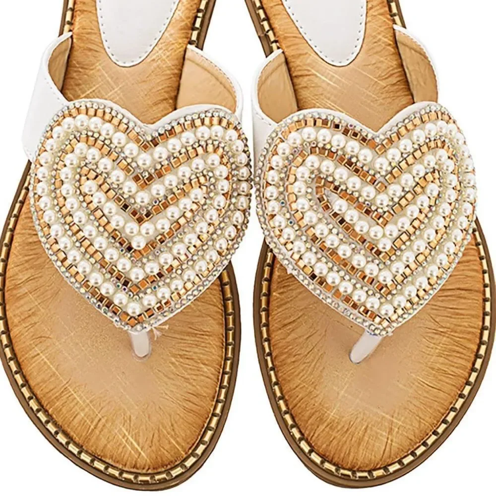 Women’s Round Toe Fashionable Love Diamond Pearl Sandals